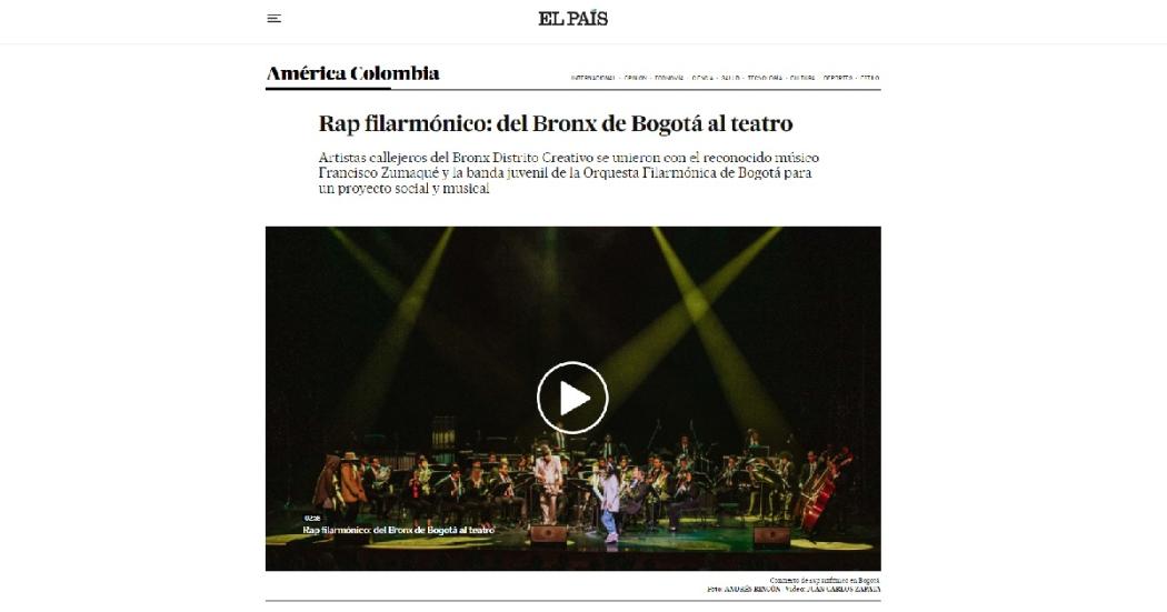 Rap filarmónico en el Bronx de Bogotá es destacado por diario El País
