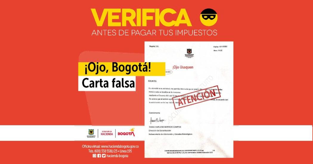 Circulan de nuevo cartas falsas en Bogotá para el pago de impuestos 