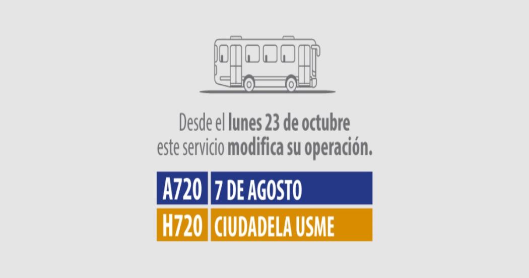 Ruta zonal A720 7 de Agosto-H720 Ciudadela Usme modifica su recorrido