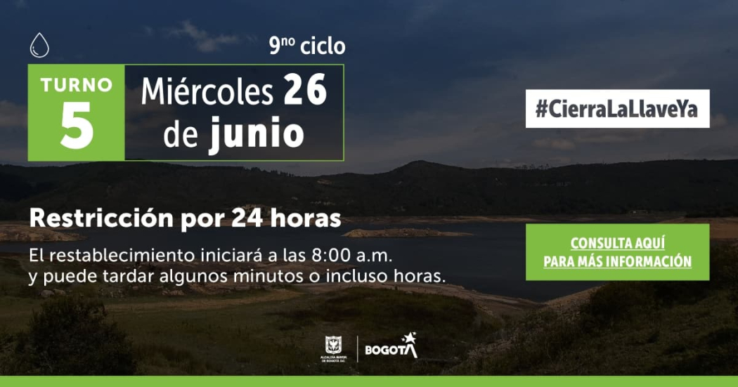 Racionamiento de agua en Bogotá para el miércoles 26 de junio 2024 