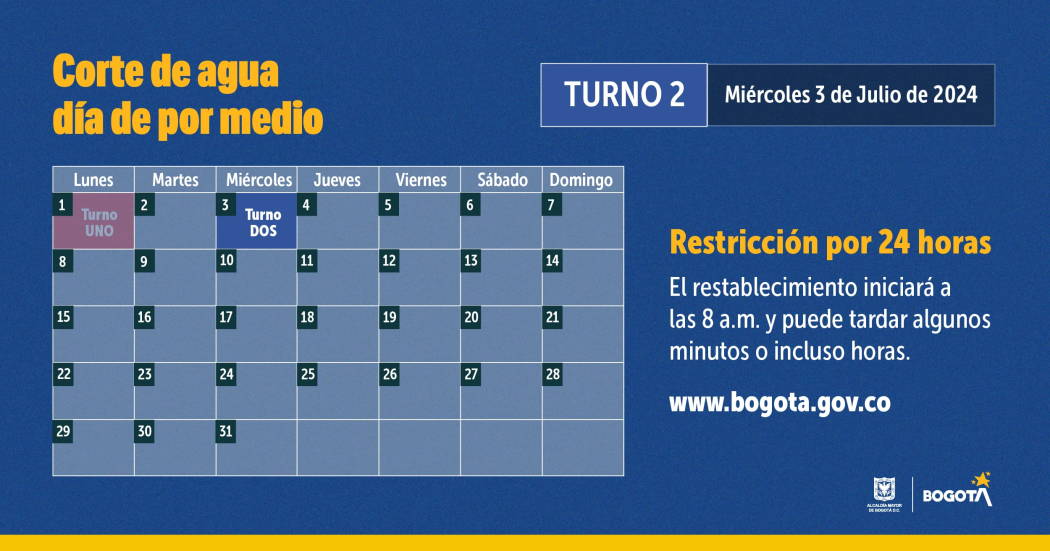 Racionamiento de agua en Bogotá y Cota miércoles 3 de julio de 2024 