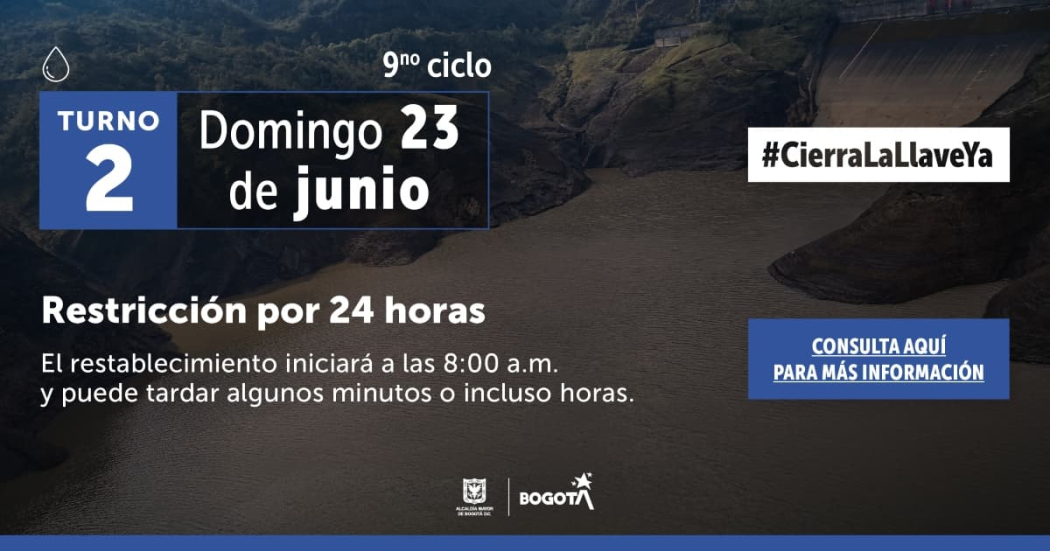 Racionamiento de agua en Bogotá y Cota domingo 23 de junio 2024