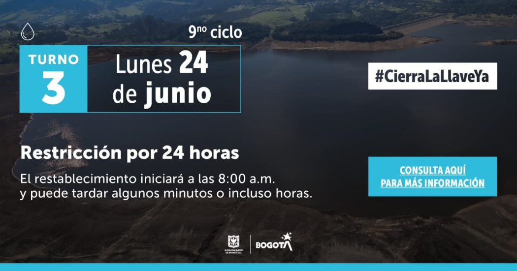 Racionamiento de agua en Bogotá lunes 24 de junio 2024 