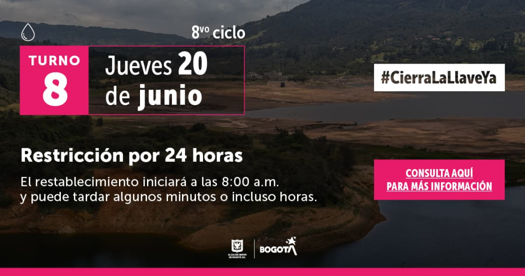 Racionamiento de agua en Bogotá y La Calera jueves 20 de junio 2024 