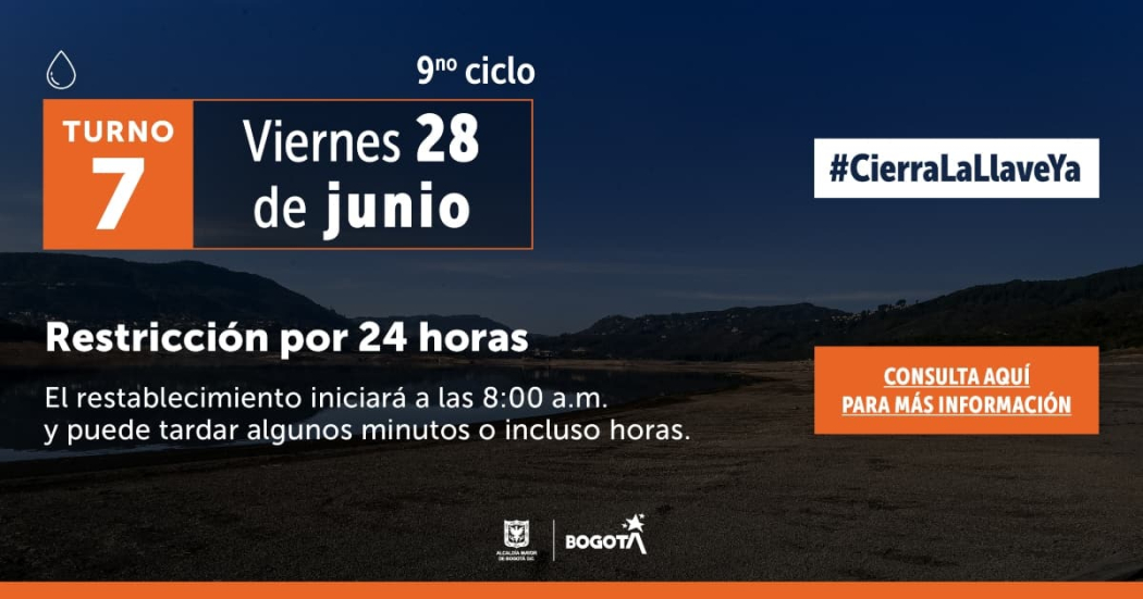 Racionamiento de agua en Bogotá para el viernes 28 de junio de 2024 