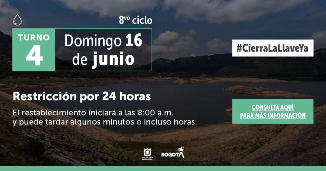 Racionamiento de agua en Bogotá y Soacha domingo 16 de junio 2024 