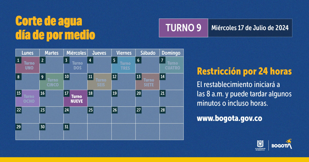 Racionamiento de agua en Bogotá para miércoles 17 de julio de 2024 