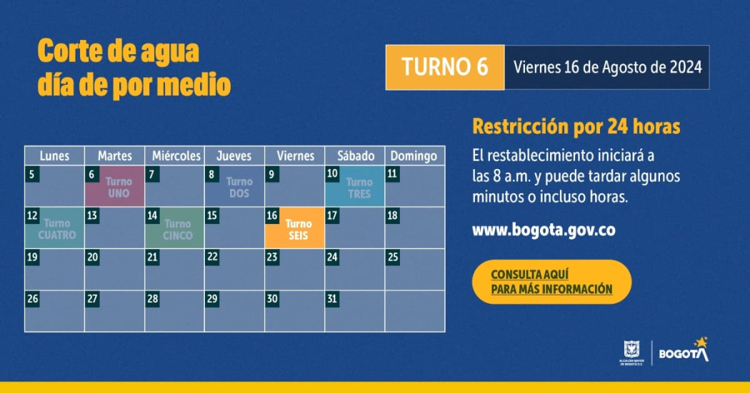 Racionamiento de agua en Bogotá y Soacha viernes 16 de agosto de 2024