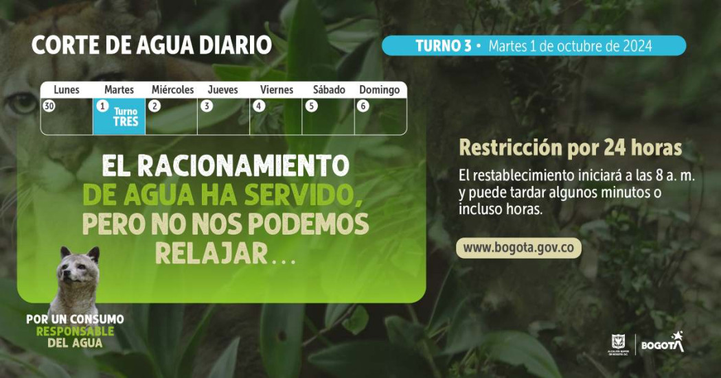 Racionamiento de agua en Bogotá martes 1 de octubre de 2024 