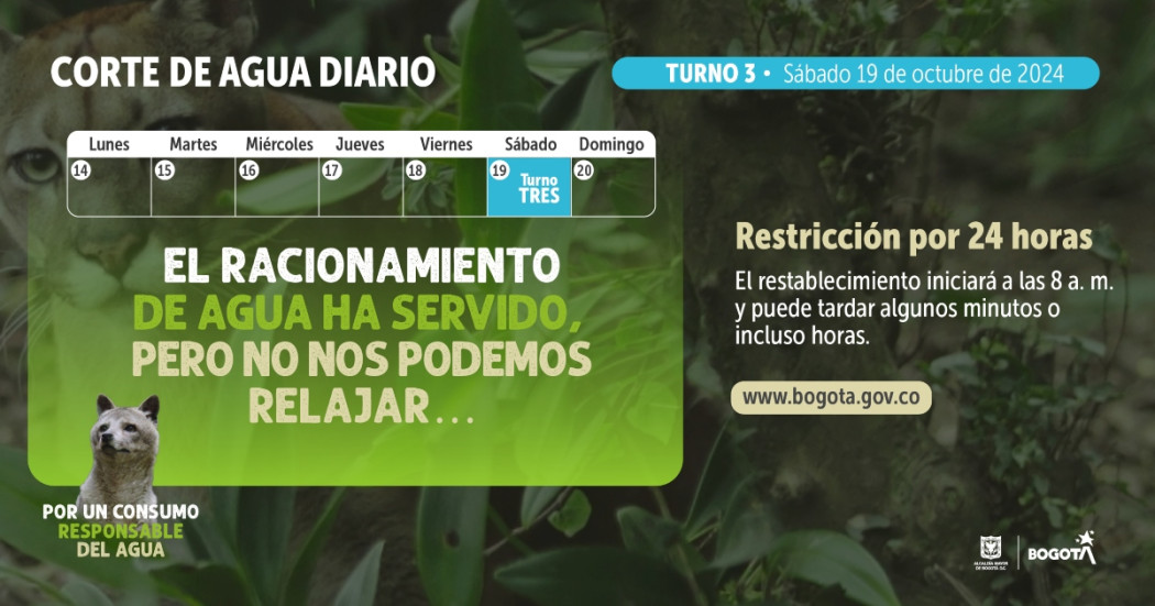 Racionamiento de agua en Bogotá sábado 19 de octubre de 2024 