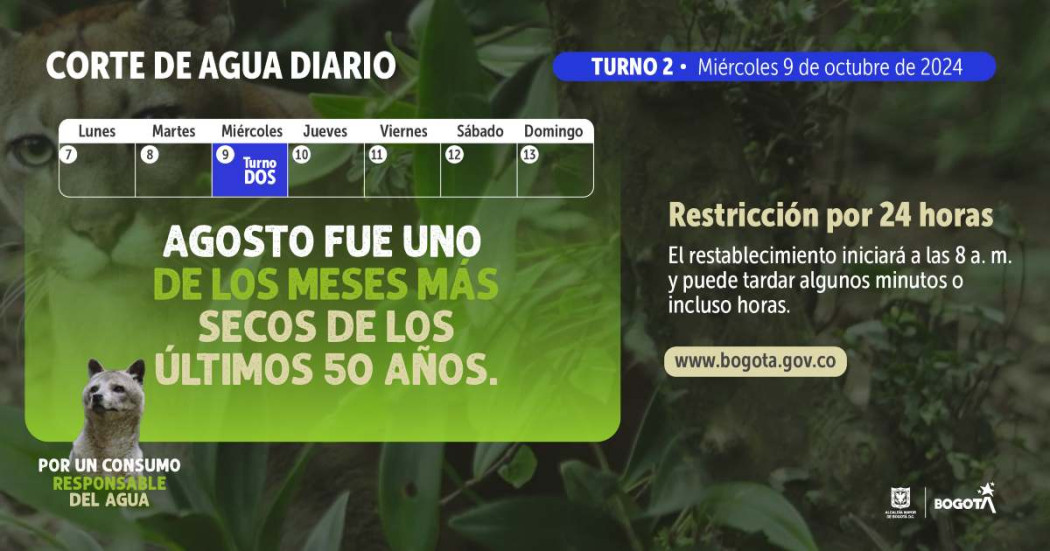 Racionamiento de agua en Bogotá y Cota miércoles 9 de octubre 2024 