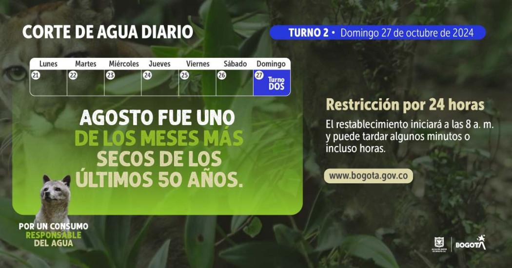 Racionamiento de agua en Bogotá y Cota domingo 27 de octubre 2024 