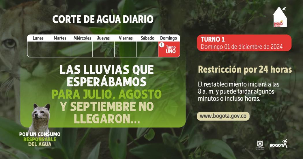 Racionamiento de agua en Bogotá domingo 1 de diciembre de 2024 