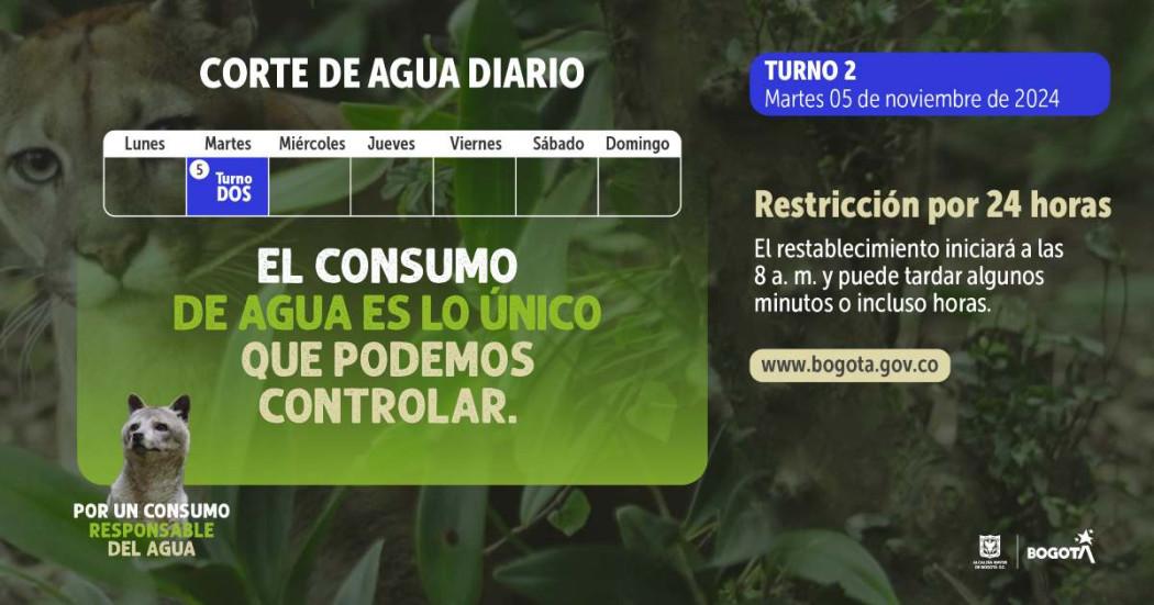 Racionamiento de agua en Bogotá y Cota martes 5 de noviembre 2024 