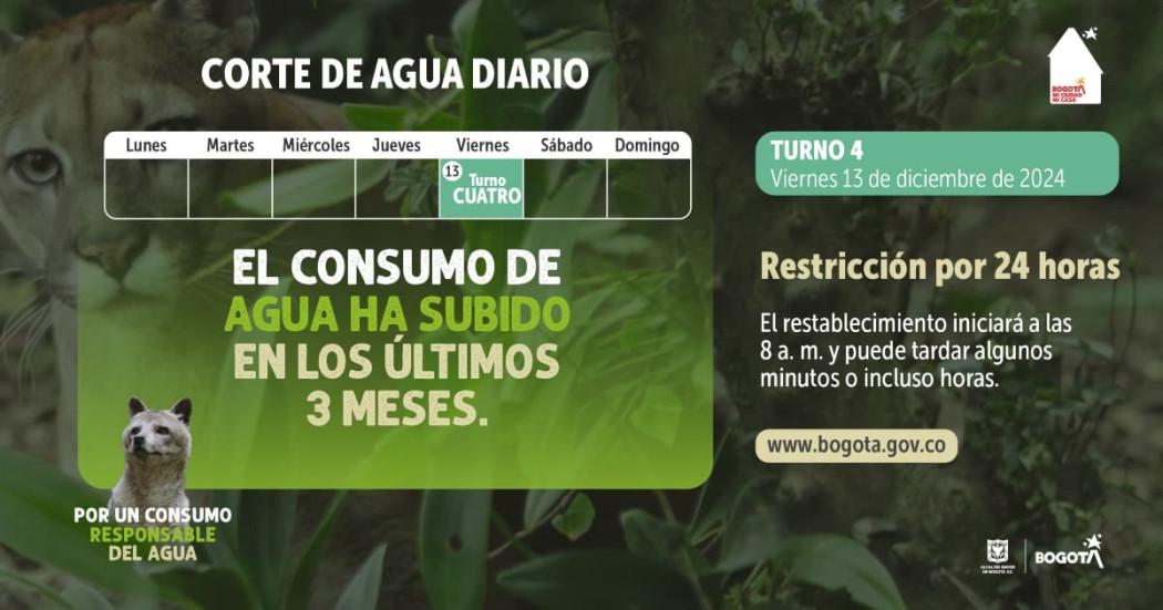 Racionamiento de agua en Bogotá y Soacha viernes 13 diciembre 2024 