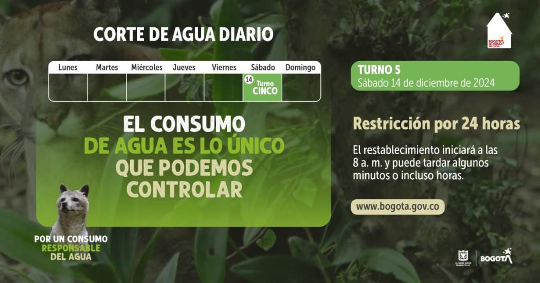 Racionamiento de agua en Bogotá sábado 14 de diciembre 2024 