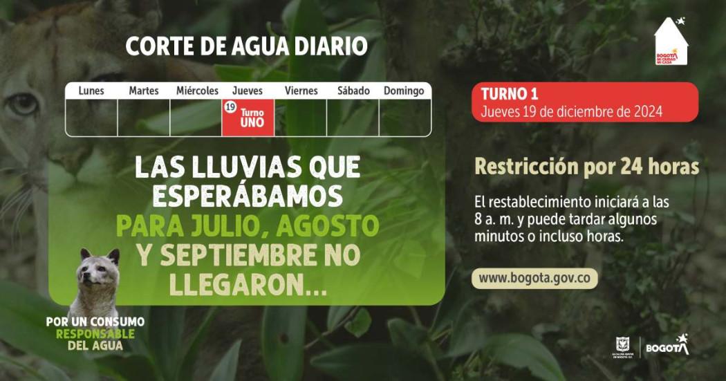 Racionamiento de agua en Bogotá el jueves 19 de diciembre de 2024 