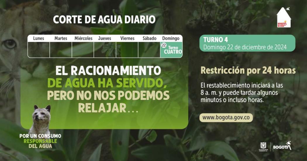 Racionamiento de agua en Bogotá y Soacha domingo 22 diciembre 2024 