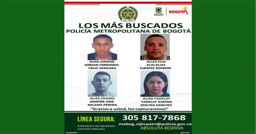 Alias 'Jordan', 'Elio', 'Chamo' y 'Yadelsy': Los más buscados por comisión de delitos en Bogotá ¡Absoluta reserva! 