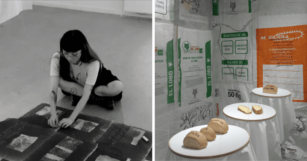 Imagen con dos cuadros, uno con la artista sentada en el suelo tejiendo y a la derecha muestra de la exposición Harina y Arena