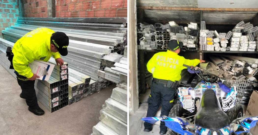 Dos imágenes de policías incautando perfilería de aluminio.