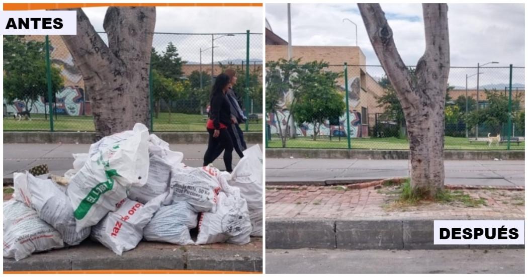 Foto que muestra el antes y el después de la jornada de limpieza desarrollada en siete localidades de Bogotá