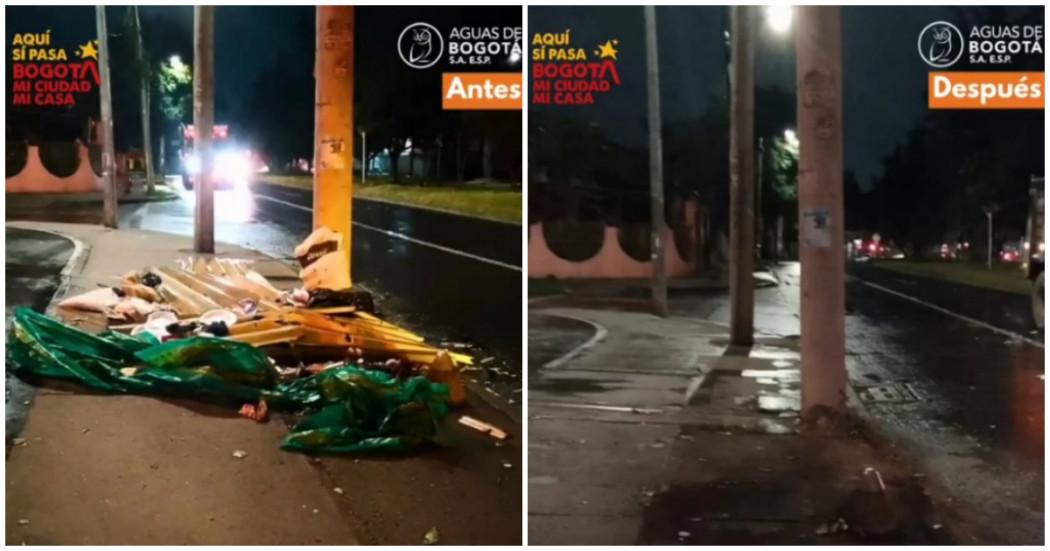 Foto antes y despues de la jornada de limpieza en localidades de Bogotá