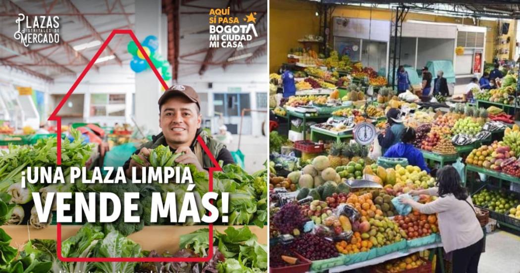 Imagen de la campaña  'Plazas Limpias y Seguras' y bogotanos y bogotanas comprando productos en una las Plazas Distritales de Mercado.
