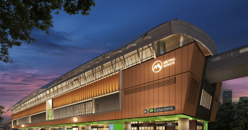 Foto de un un render nocturno de la moderna Estación 6 del Metro de Bogotá