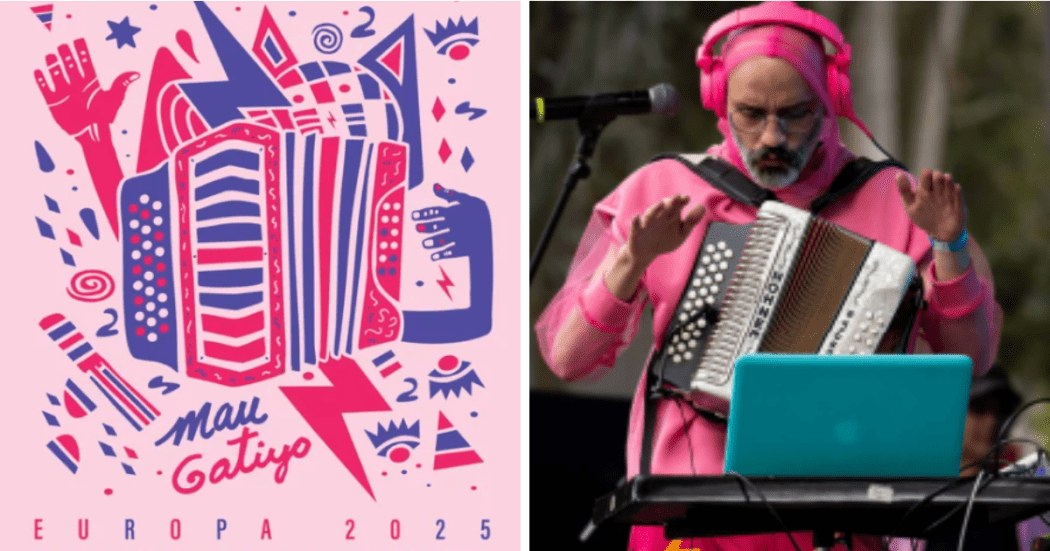 Imagen a la derecha de un acordeón con información de su visita a Europa en 2025 y a la izquierda imagen del artista toando acordeón vestido con camiseta rosada y audífonos rosados