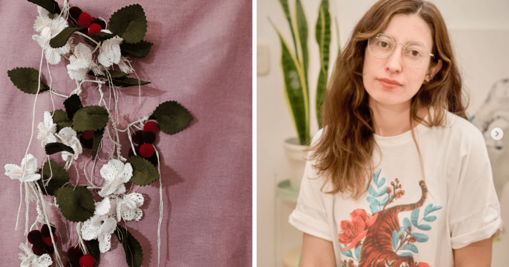 Imagen a la izquerda de la artista Johanna Martínez y a la izquierda de un elemento de su obra Sépalo.