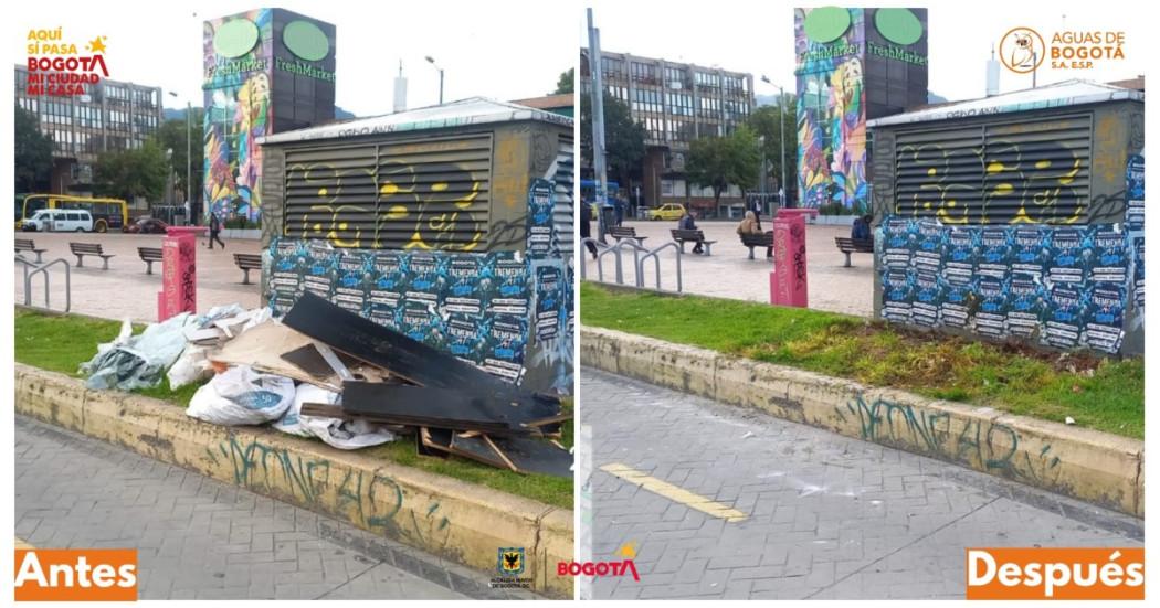 Foto que muestra un antes y después de una jornada de limpieza en Bogotá