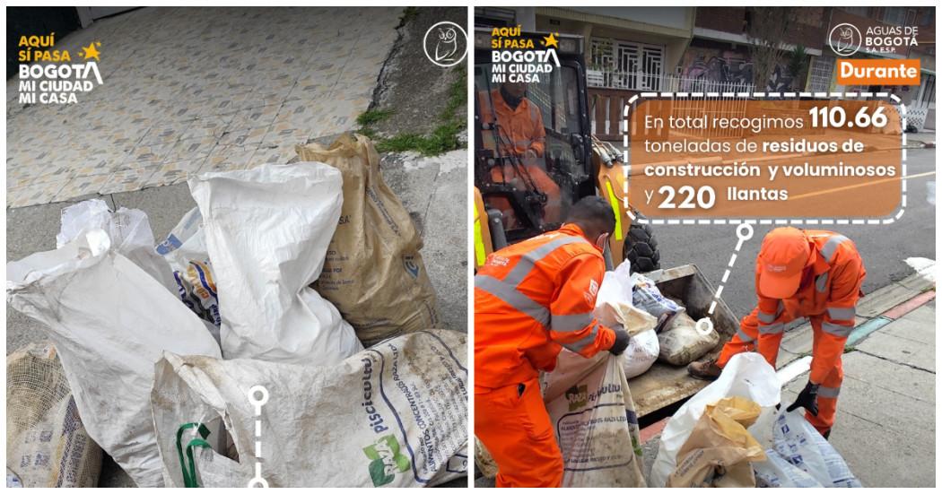 Foto antes y después de la jornada de limpieza desarrollada en seis localidades de Bogotá