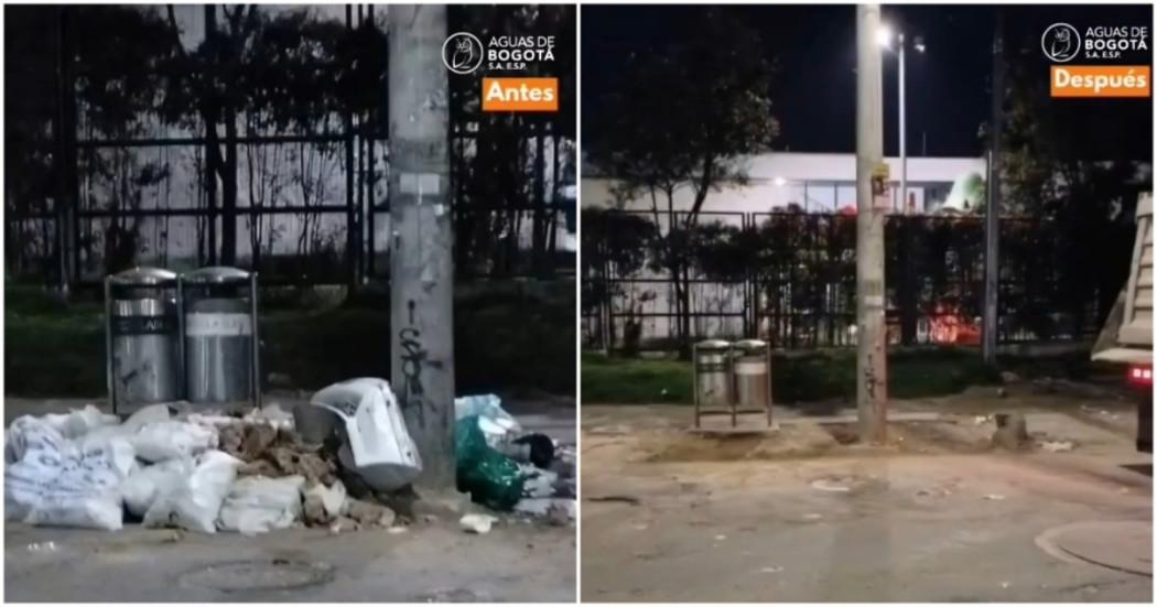 Foto que muestra canecas de la basura antes y después de la jornada de limpieza