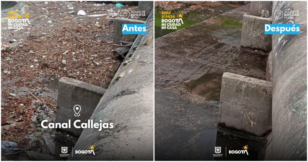 Foto que muestra el antes y después de la jornada de limpieza del Canal Callejas