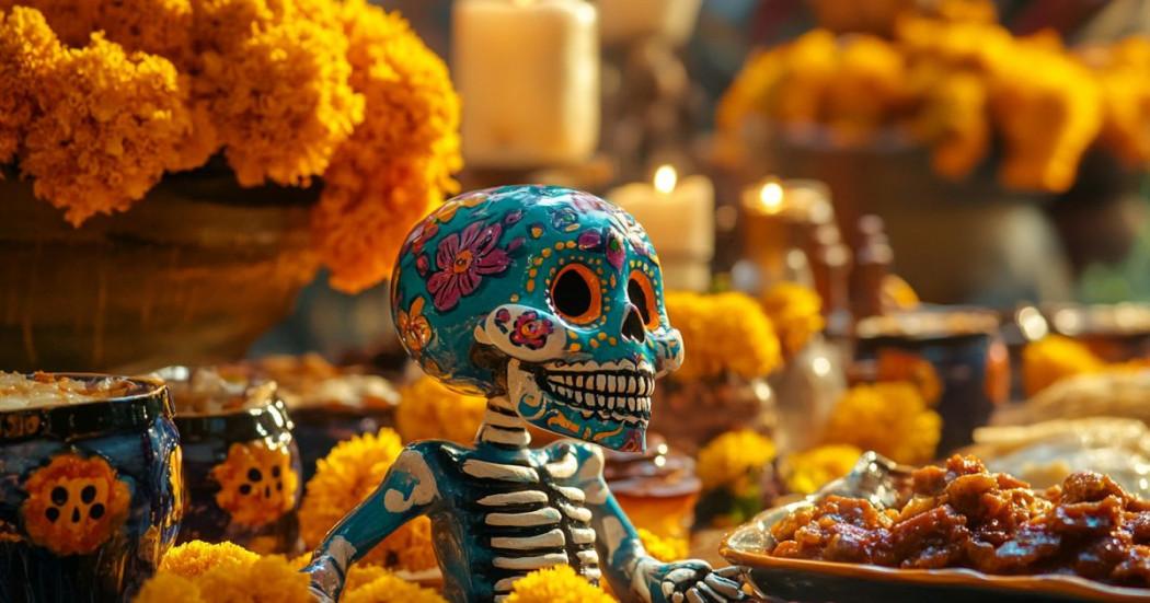 Imagen de celebración día de los muertos una calavera y comida mexicana.