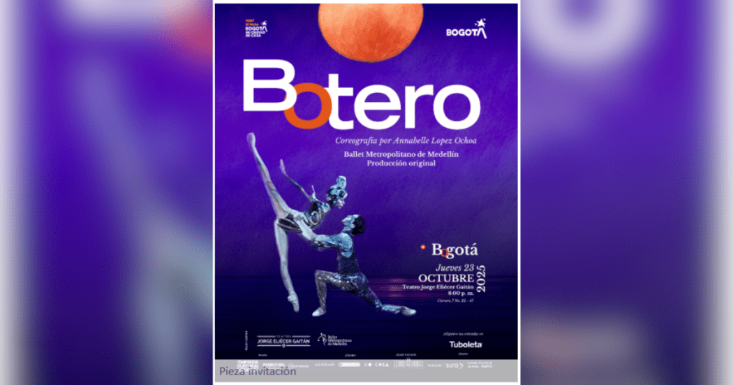 Imagen de un cartel azul rey en el que se encuentra la información del evento y donde se aprecian dos bailarines de ballet con una imagen de la luna redonda de fondo