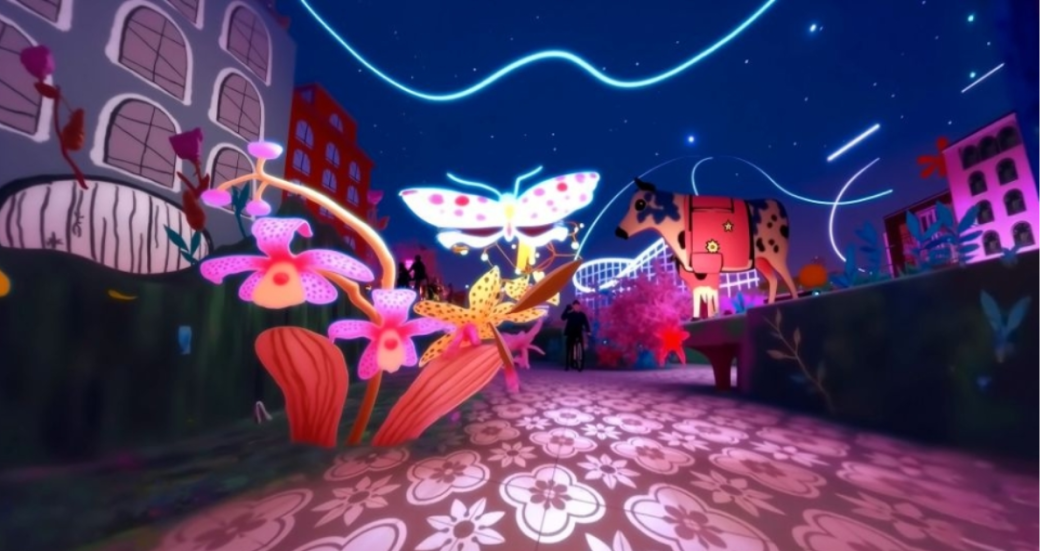 Imagen de un jardín colorido con unas grandes mariposas de colores