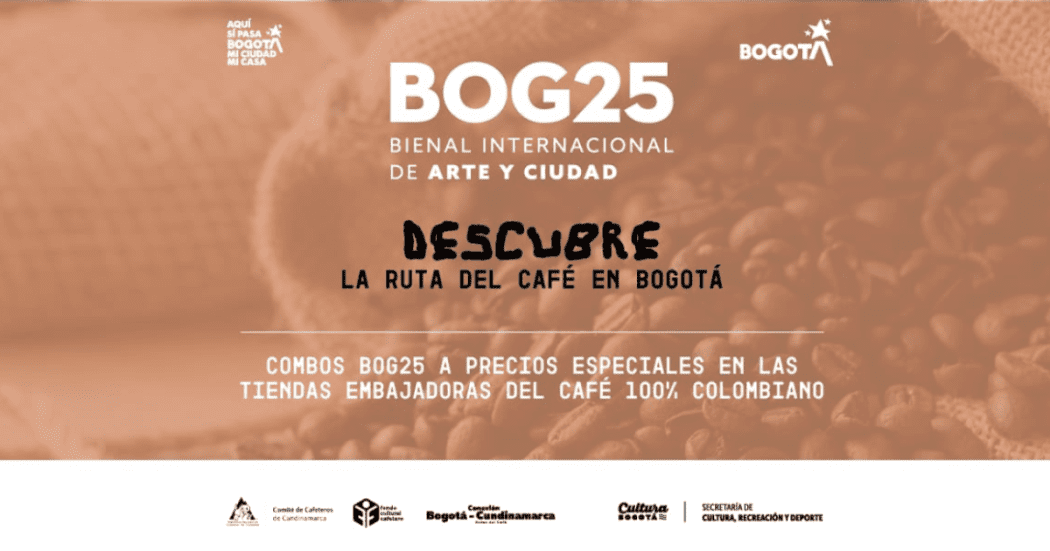 Imagen de color café con la imagen de la Bienal de Arte de Bogotá con la información sobre este evento de la ciudad