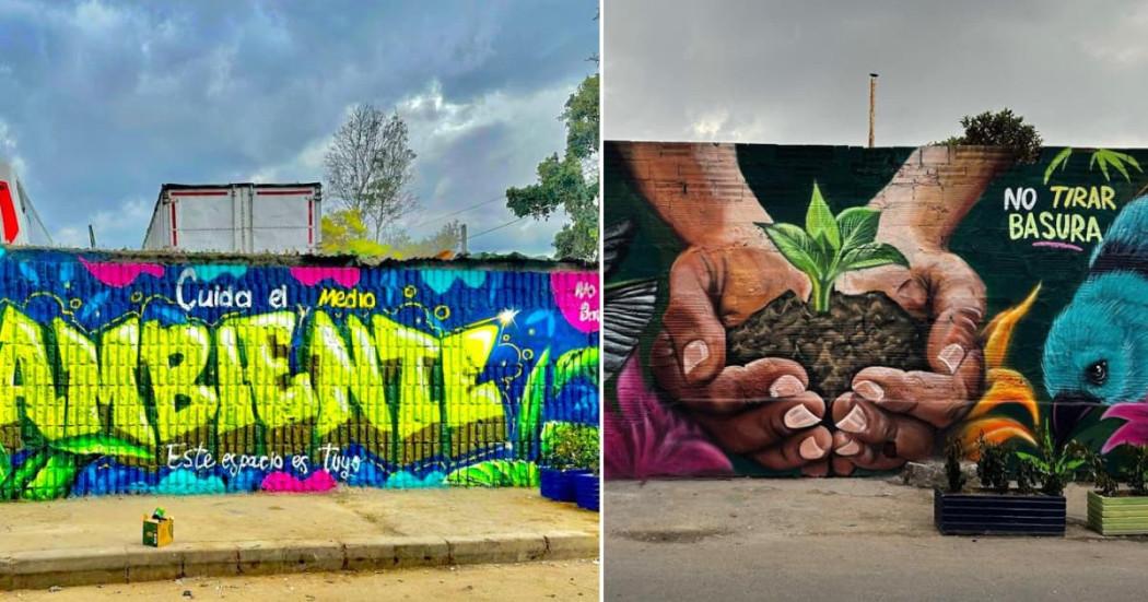 Fotos de murales, grafitis y materas en puntos recuperados de arrojo de basuras en Bogotá