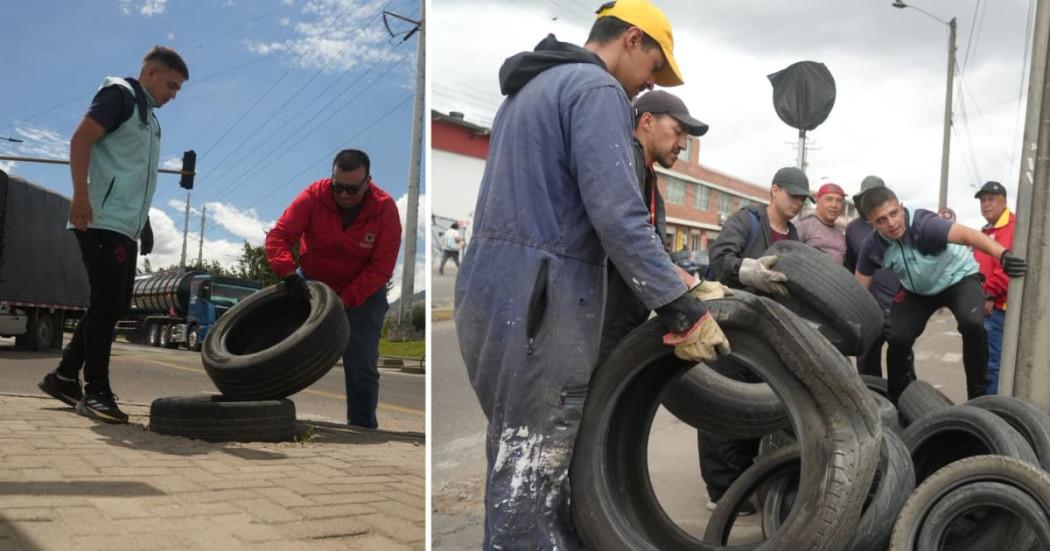 Fotos de funcionarios de la Alcaldía Local de Tunjuelito realizando procesos de recolección de llantas.