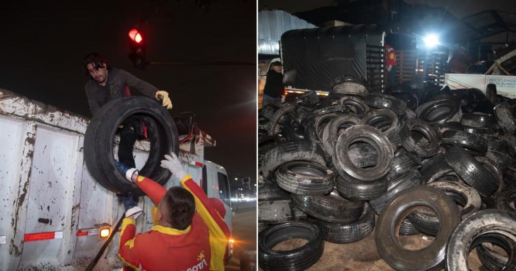 Fotos de funcionarios de la Alcaldía Local de Engativá realizando procesos de recolección de llantas.
