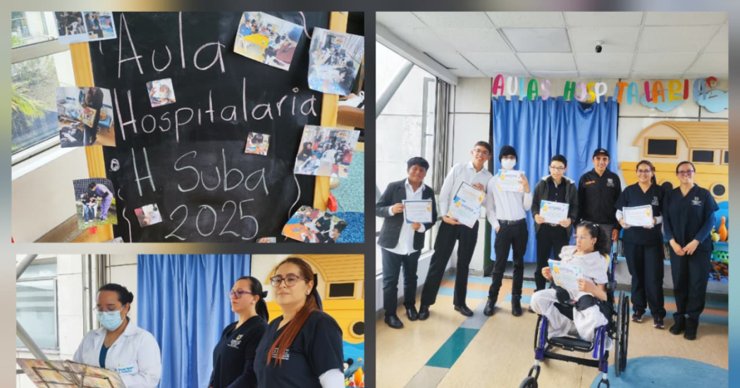 Fotos de un grupo de estudiantes celebra su grado en el Aula Hospitalaria del Hospital de Suba junto al equipo docente y de salud.