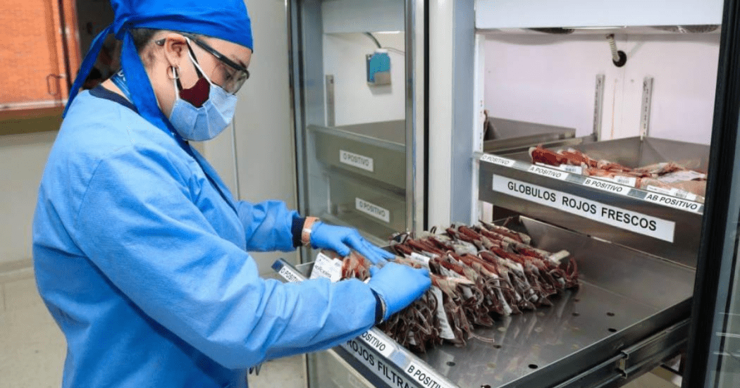 Foto de una enfermera que organiza bolsas de sangre en un laboratorio especializado.
