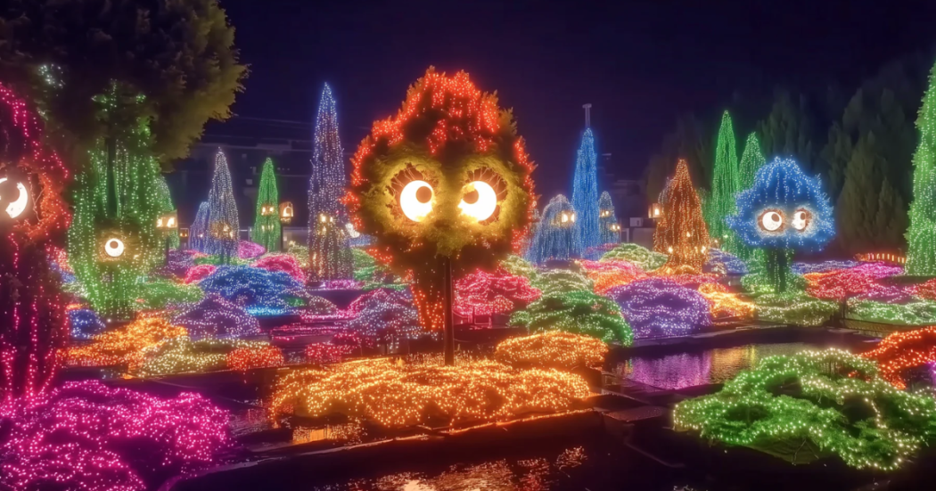 Imagen de uno de los escenarios del Festival Brilla donde se ven los personajes y la mágia de las luces y lo digital.