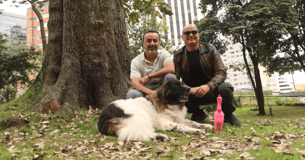Imagen de dos personas junto a un perro de compañía