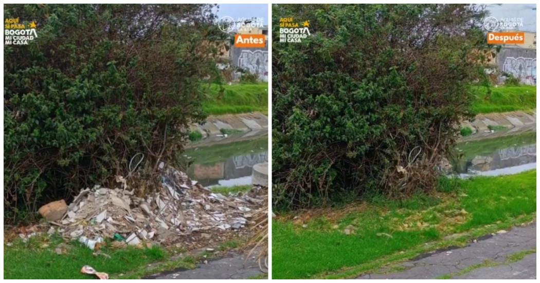 Foto que muestra antes y después de la jornada de limpieza en Bogotá