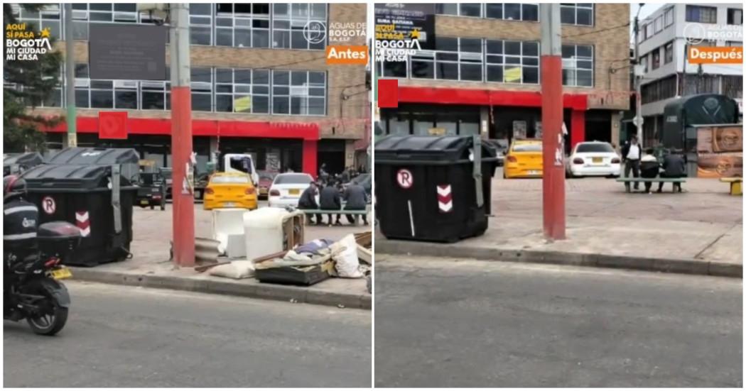 Foto que muestra antes y después de jornada de recolección de residuos en Bogotá