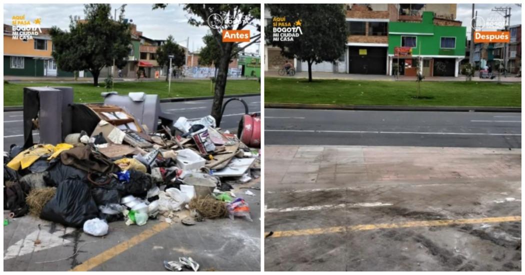 Foto que muestra antes y después de jornada de recolección de residuos en Bogotá