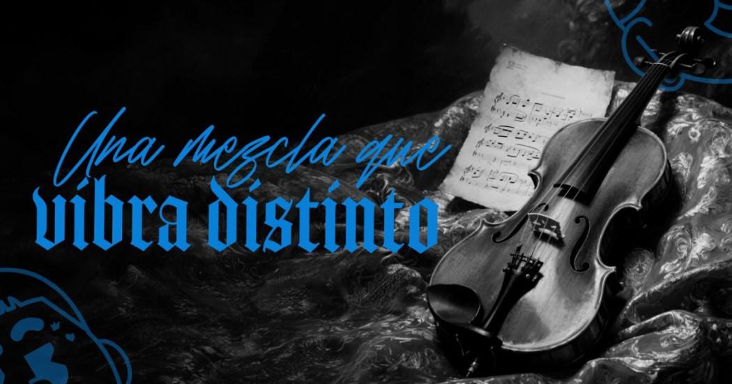 Imagen de un violín en blanco y negro y letras vibra distinto